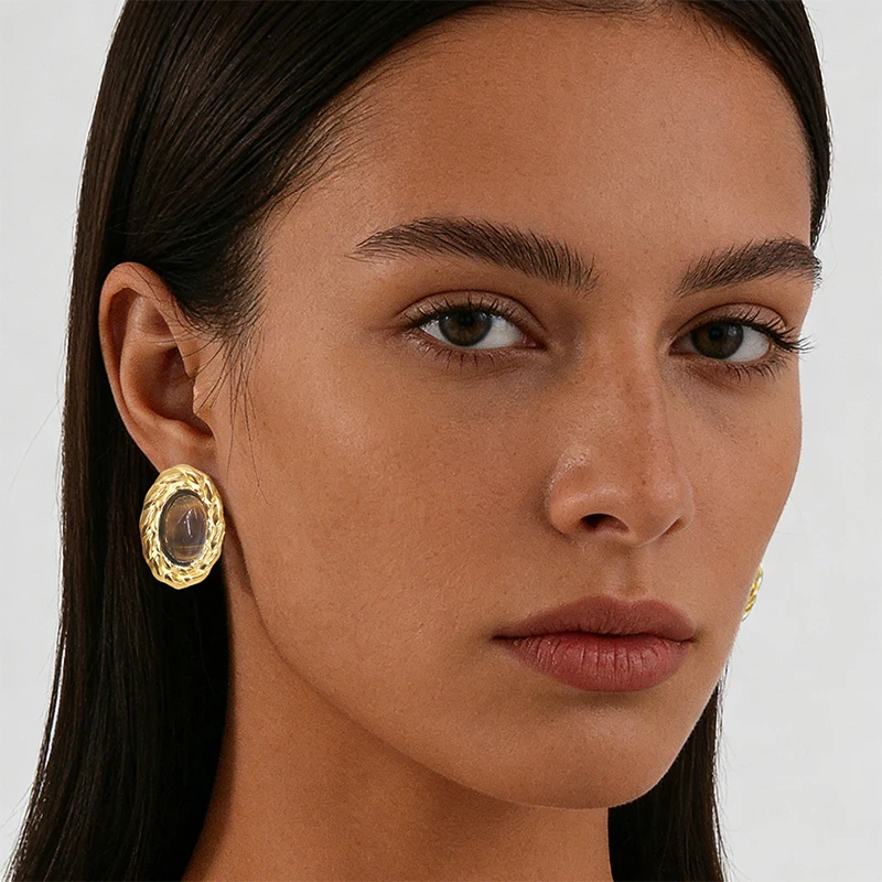 Vintage Geometrische Edelstahl-Ohrclips für Damen 18K Vergoldet Einfache Naturstein Wasserdichte Nicht-Durchstochene Ohrringe Schmuck – Detail 5