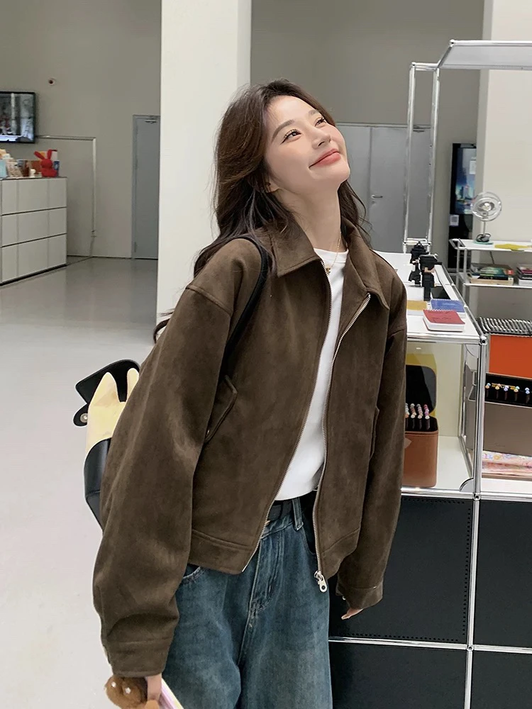 Fall New Brown Mermaid Deer Skin Velvet Jaet Women ort American Retro Motorcycle Jaet Top Loose Fit Commute Sle