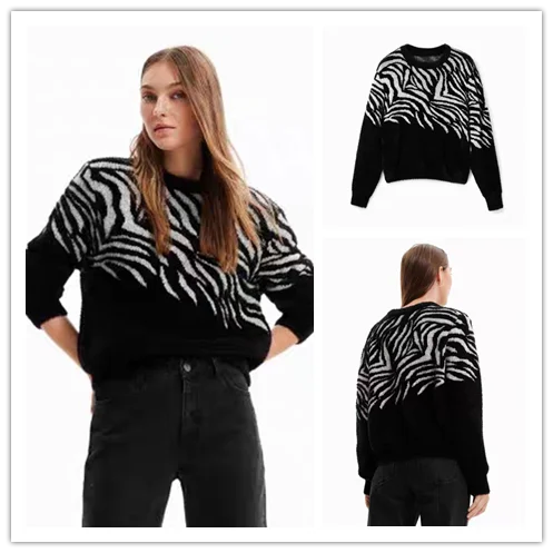 

Foreign trade original single Spanish autumn and winter print fashion color match loose warm knit sweater
