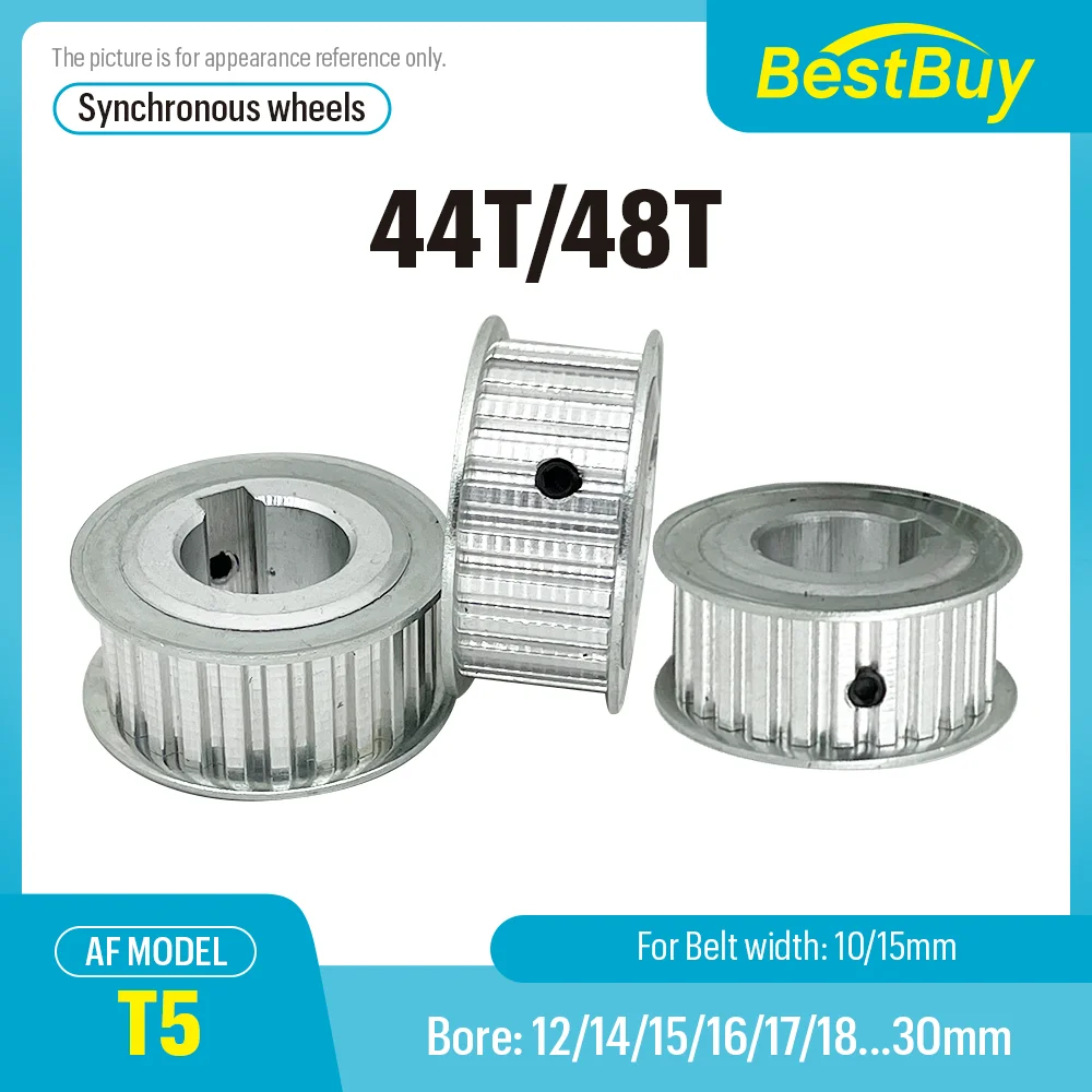 44T/48T T5 Synchronous Timing Belt Pulley Alloy Wheels Bore 12-30mm AF Shape Pitch 5mm Width 10/15mm for Precision Machines