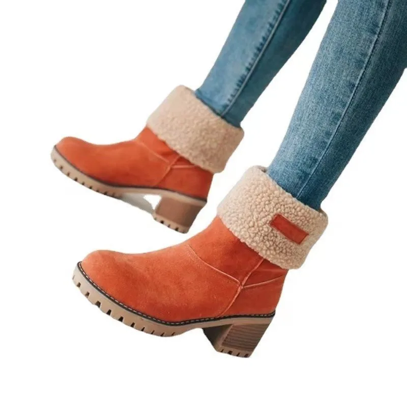 2024 Autumn and Winter Fashion New Casual Comfortable Plus Velvet Warm Square Heel Round Toe Solid Color Women's  Ankle Boots