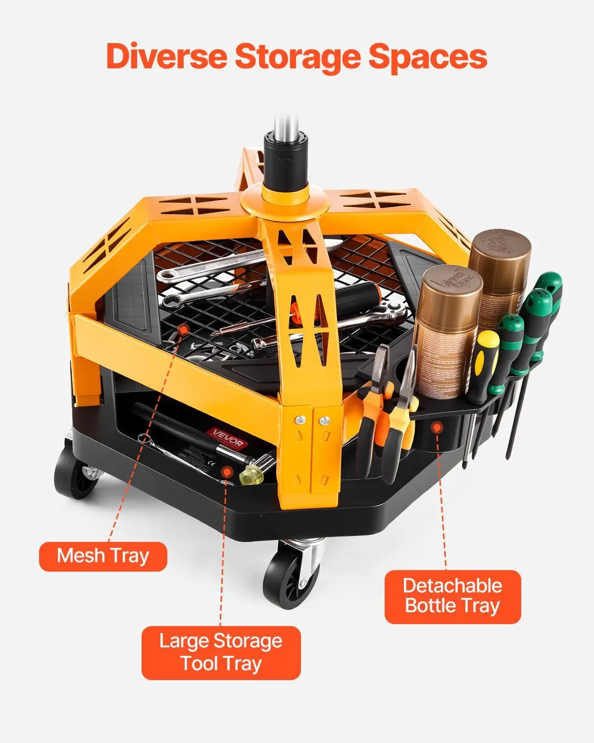 300파운드(약 136kg) 중량급 이동식 작업용 스툴, 높이 조절 및 잠금 바퀴 포함, 차고용 스툴, 이중 수납 트레이 및 캔 홀더