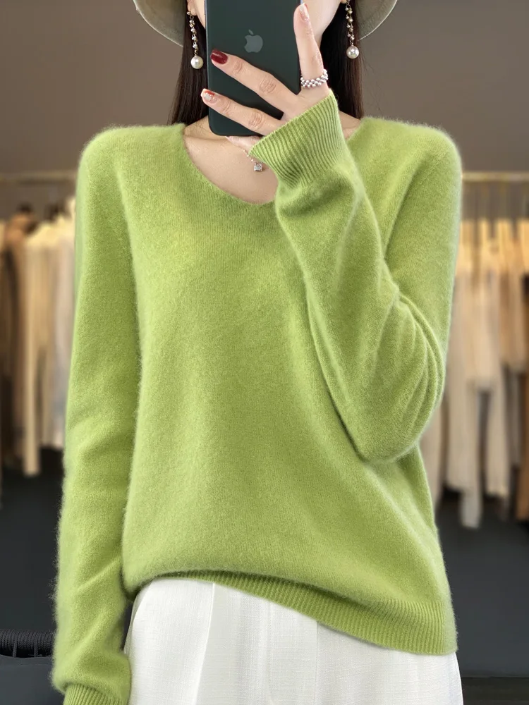 Fashion 100% Merino Wool Sweater Basic Cashmere Women Knitwear Pullover V-Neck Long Sleeve Autumn Winter Clothing Tops