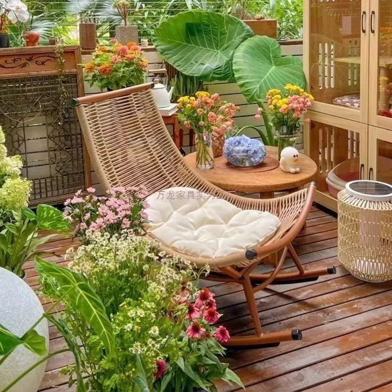 Outdoor Balcony Rattan Rocking  Reclining Adult Home Leisure Chair Rattan Chair Lazy Single Rocking Chair Living