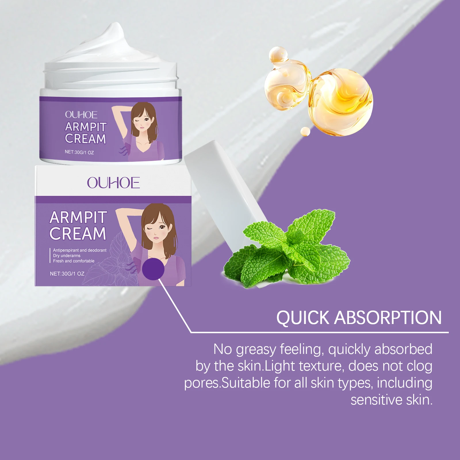 OUHOE Armpit Cream - Odor - Neutralizing, Sweat - controlling, Skin - toning, All Skin Types, Portable, Refreshing