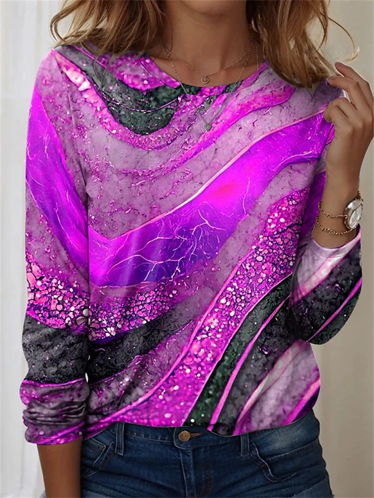 Women's Autumn Long-Sleeve T-Shirt Crew Neck Irregular Striped Print Loose Fit A Sophisticated Top for Work and Commuting