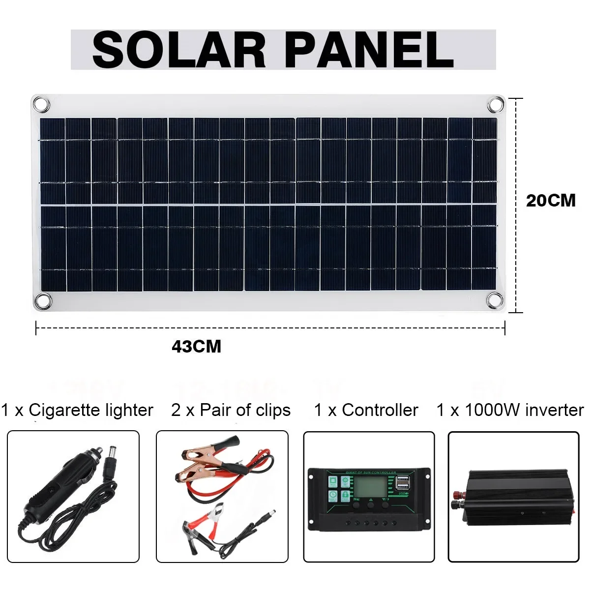 Solar Panel Inverter System Kit, 1000W, 12V, Car, Van, Boat, Camper, Battery Charger, 1000W Inverter Controller, 10A, 60A, 100A