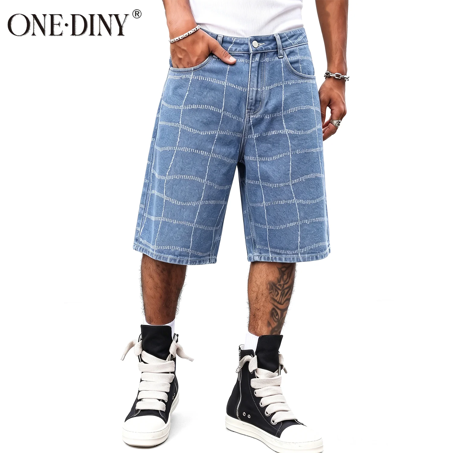 ONE·DINY Men's Vintage Wash Wide Leg Jacquard Jeans Shorts Streer Baggy Fit Knee Length Denim Short Suitable Casual Daily