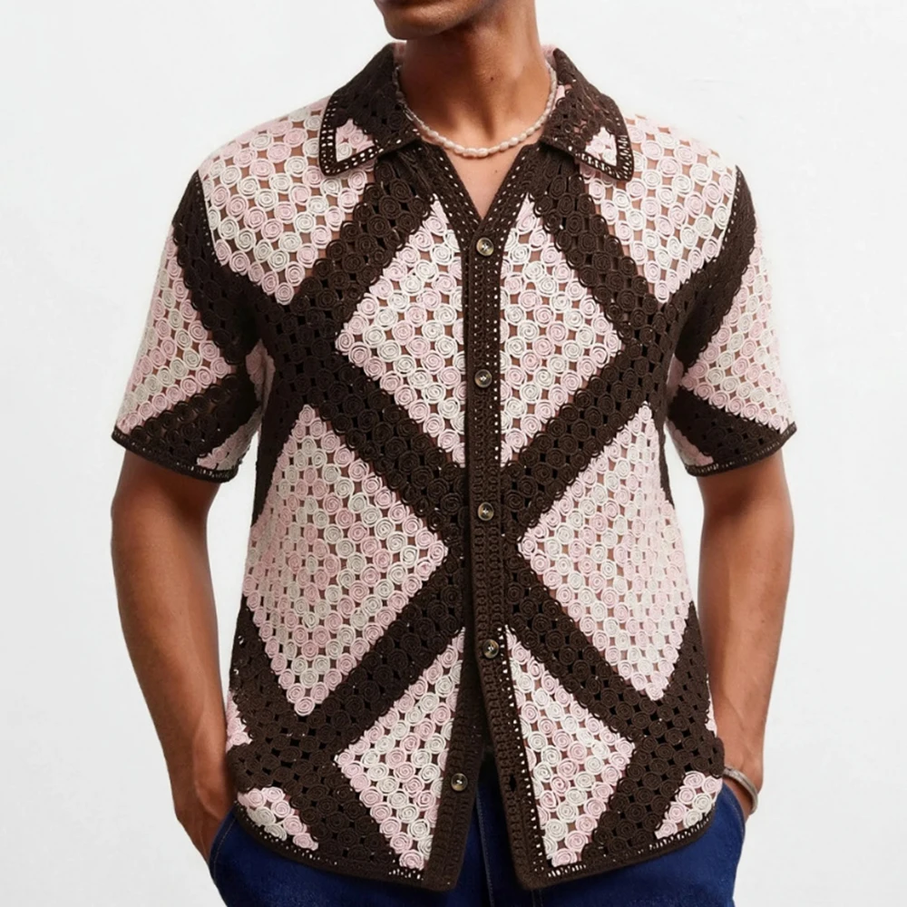 2026 Summer New Men's Color Block Short-Sleeve Shirt American Retro Fashion Trendy High Street Casual Loose Breathable Men's Top