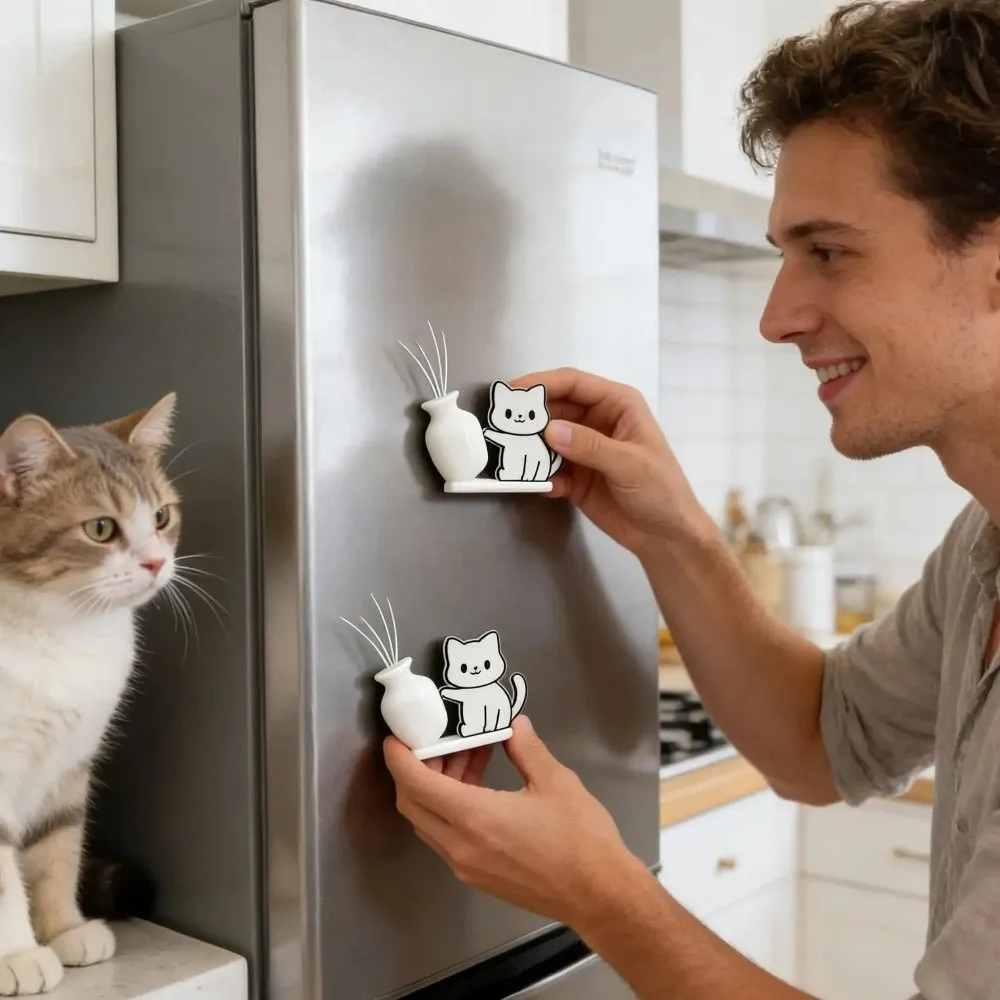 Acrylic Cat Whiskers Collection Ornaments Magnetic Cartoon Cat Refrigerator Sticker Cat Pushing Vase Decor for Home Decoration