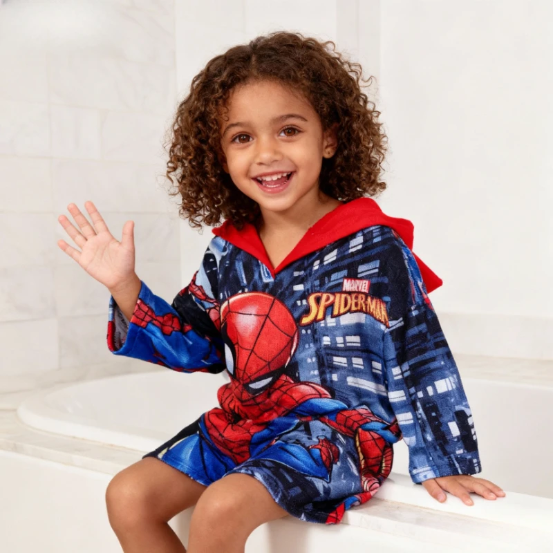 Toalla de baño con estampado de dibujos animados de microfibra de Spider-Man de Marvel, albornoz con borde Natural, capa con capucha, toalla de playa