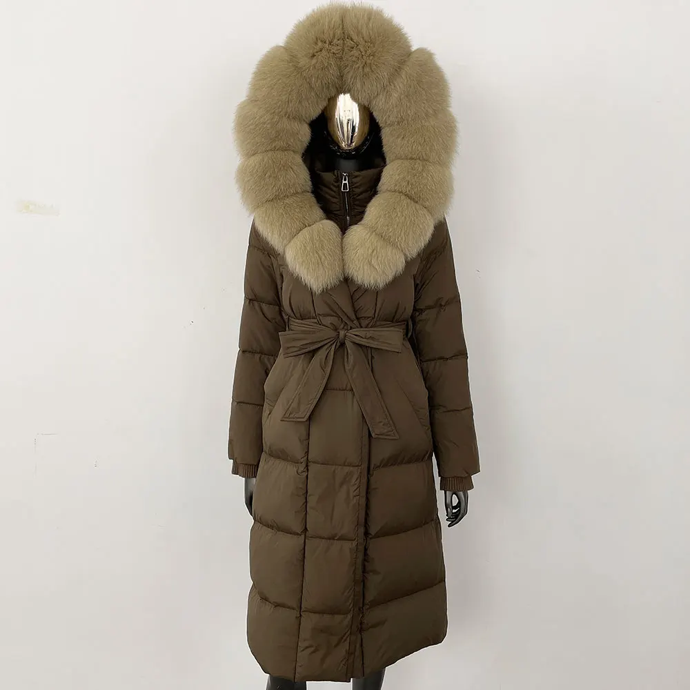 Giacca in pelliccia naturale da donna Parka 2024 inverno di lusso collo in vera pelliccia di volpe piumino d'oca bianca cappotto impermeabile allentato caldo spesso