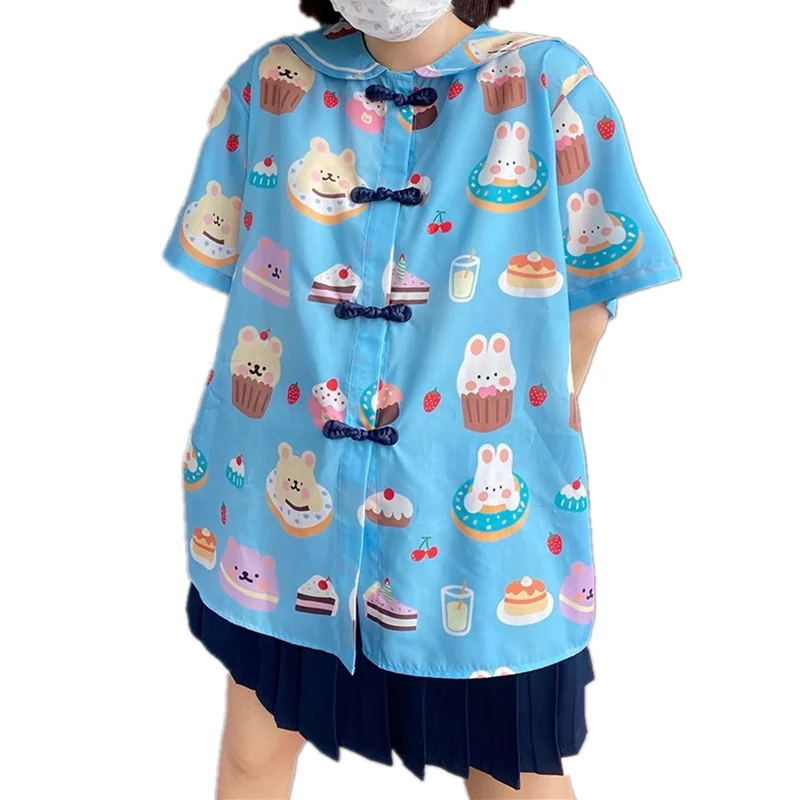 Harajuku Blouse Women Cartoon Cake Print Cheongsa Button Up Short Sleeve Shirts Sailor Collar Kawaii Blusas JK Girls Clothes