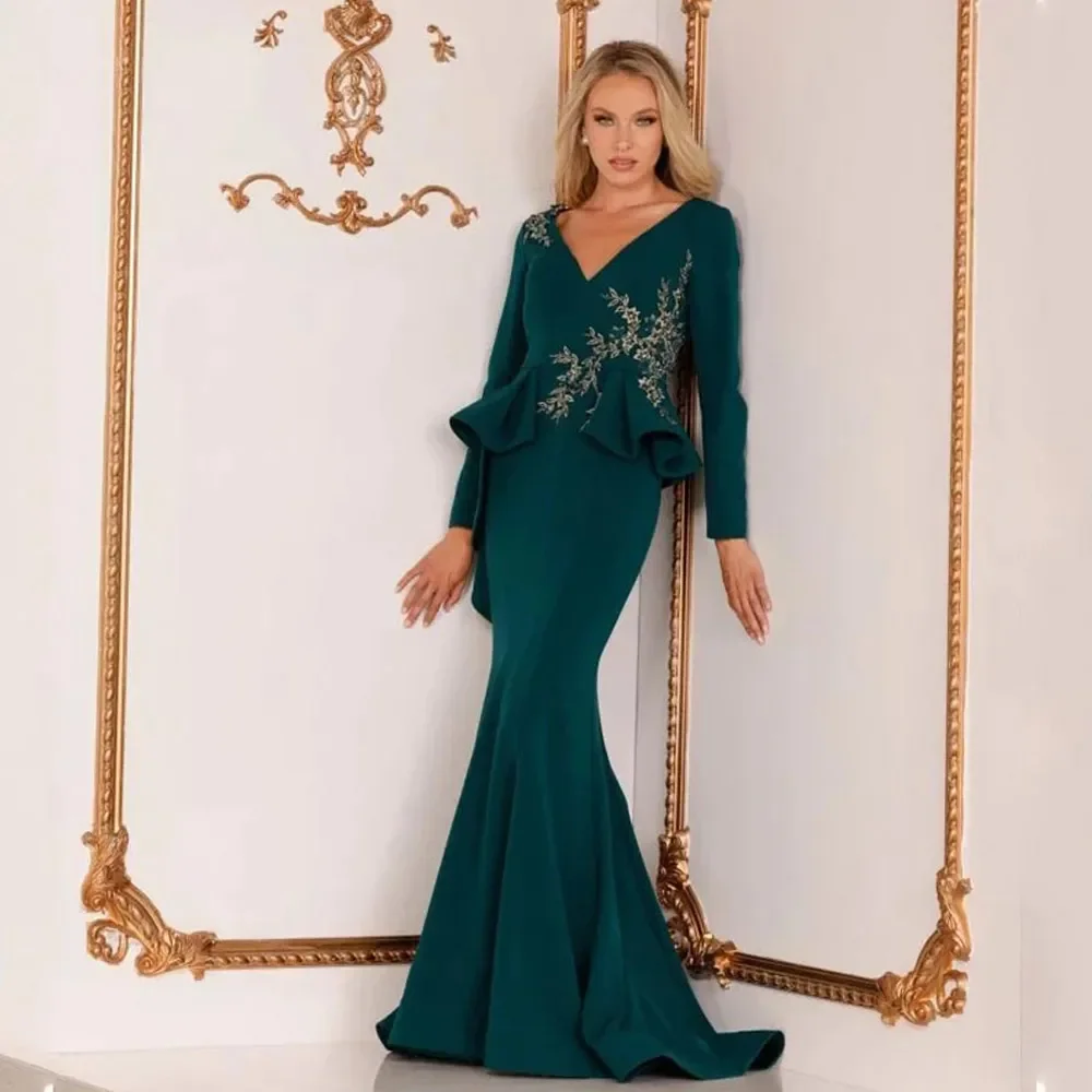 

V-Neck Long Sleeve Satin Mermaid Evening Dresses Cascading Ruffles Lace Applique Dark Green Formal Party Gowns For Women 2023