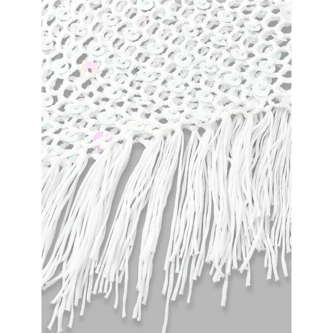 XS - XL Quasten Pailletten Einfarbige Häkel- und Strick-Tunika Strand-Überwurf Strandtop Strandkleidung Damen V8287 – Detail 18