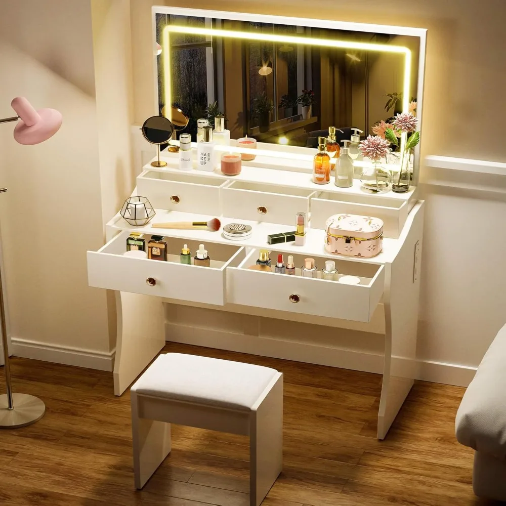 

Makeup Vanity Desk with Mirror and Lights, Vanity Table and Chair Set with 5 Drawers and Charging Station, Bedroom Dress