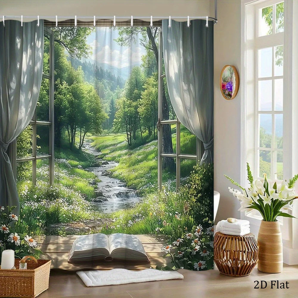 Realistic Forest Stream Shower Curtain Waterproof Bathroom Decor Window View Curtain for Modern Home Bathroom