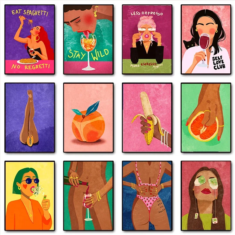 Sexy Mädchen Boho Getränk Wein Obst Pfirsich abstrakte Wandkunst Leinwand Malerei Poster und Drucke Wandbilder für Wohnzimmer Dekor