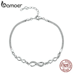 Bamoer Authentic 925 Sterling Silver Infinity Love Chain Link Adjustable Zircon Bracelet for Women Luxury Silver Jewelry SCB037