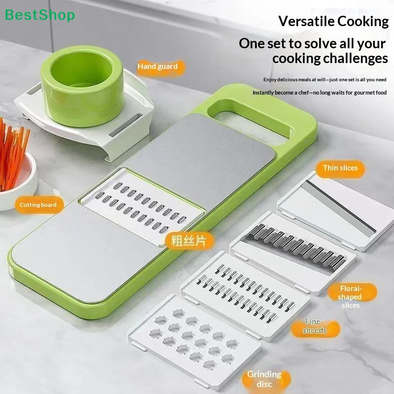 6 IN 1 Stainless Steel Vegetable Cutter Multifunction Slicer 5 Blades Combo Peeler Garlic Vegetable Shredder Kitchen Shredder