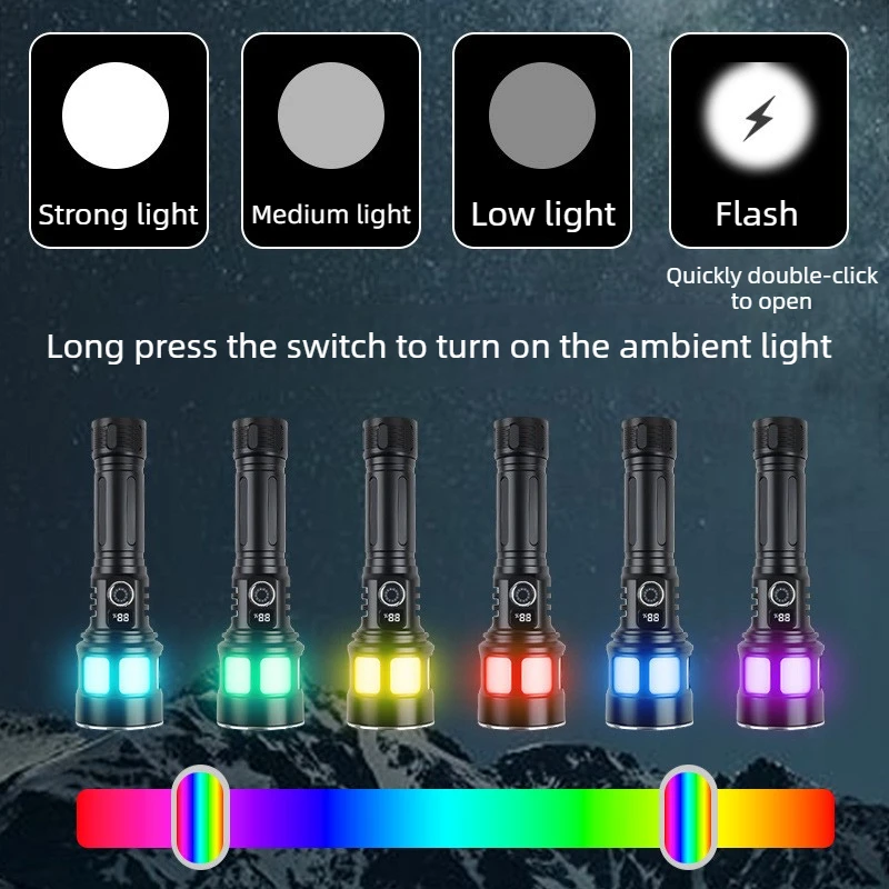 RGB Ambient Flashlight USB-C Rechargeable High-Power Torch with Battery Level Indicator Outdoor Waterproof Emergency Work Light