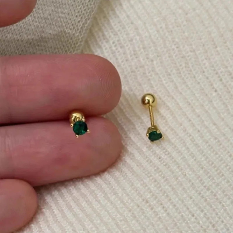 3/4/5mm Green Zircon Small Round Stone Screw Back Stud Earrings For Women Vintage Gold Color Wedding Earring Party Jewelry Gifts