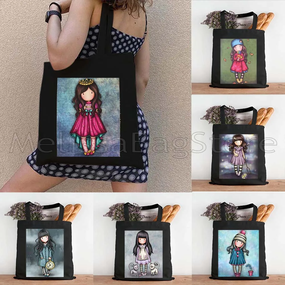Lovely Cartoon Pink Santoro Books Lover Gorjuss Little Girl Doll Cute Kids Gifts Canvas Shoulder Tote Bag Shopping Bag Handbag