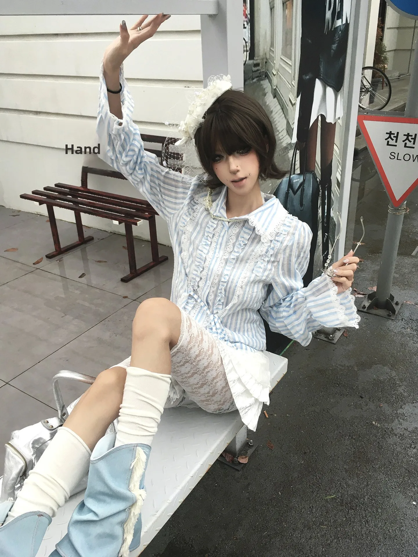 Blue Striped Women's Shirt Lace Trimmed Commute Style Slim Fit Cotton Lined Zipper Sleeve Long Autumn Winter Top
