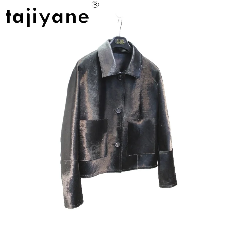 TAJIYANE Luxury New Zealand Fetal Cow Shearling Fur Jacket Lapel Outerwear Short Real Fur Coat Women Black Overcoat Thin Casaco