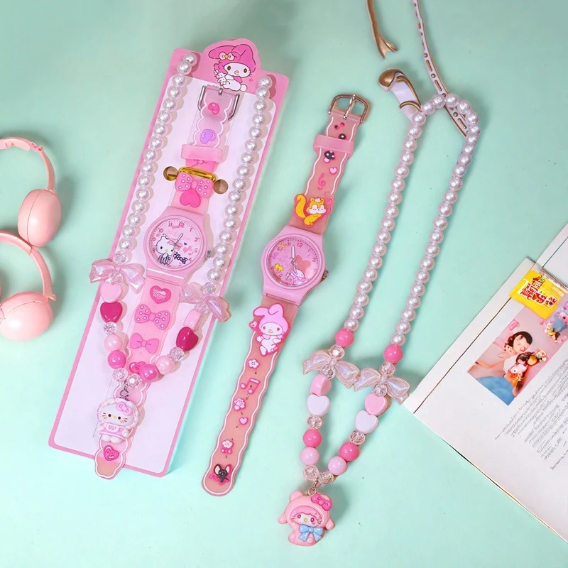 

Sanrio Hello Kitty Child Necklace Wrist Watch Set Kuromi Cinnamoro Watch Melody Cartoon Watchband Kids Gift