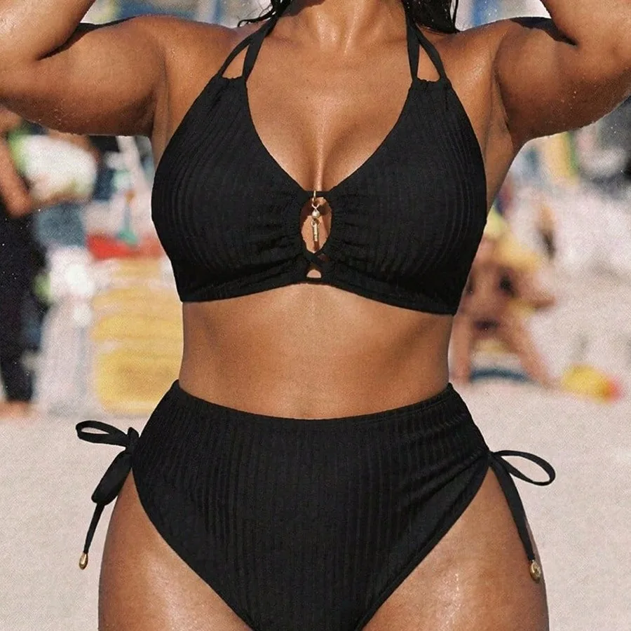 Plus Size Ribbed Bikini Set Halter Keyhole Metal Ring Top High Waist Side Tie Tummy Control Solid Black Swimwear For Women Beach