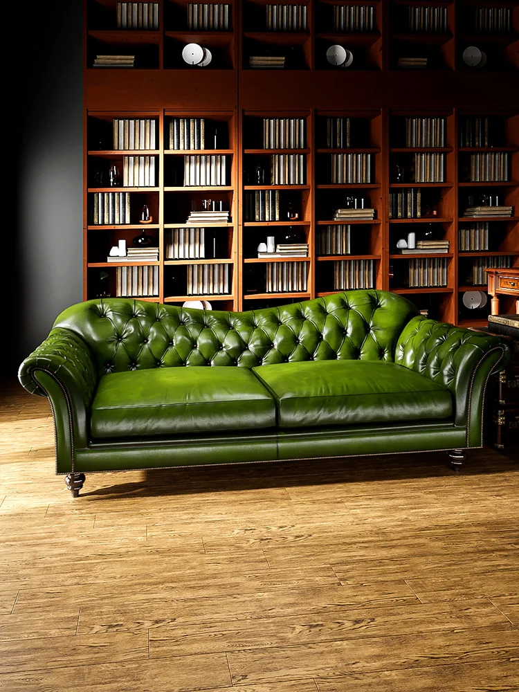 

American retro style oil wax dark green living room combination medieval leather sofa