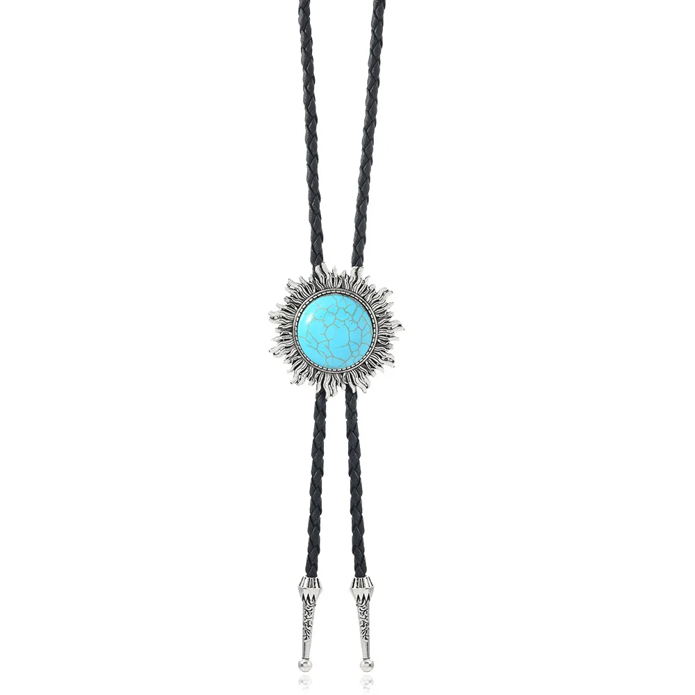 New Vintag Turquoise Alloy Bolo Tie Long Necktie for Men Women Shirt Collar Retro Western Cowboy Jewelry Accessories