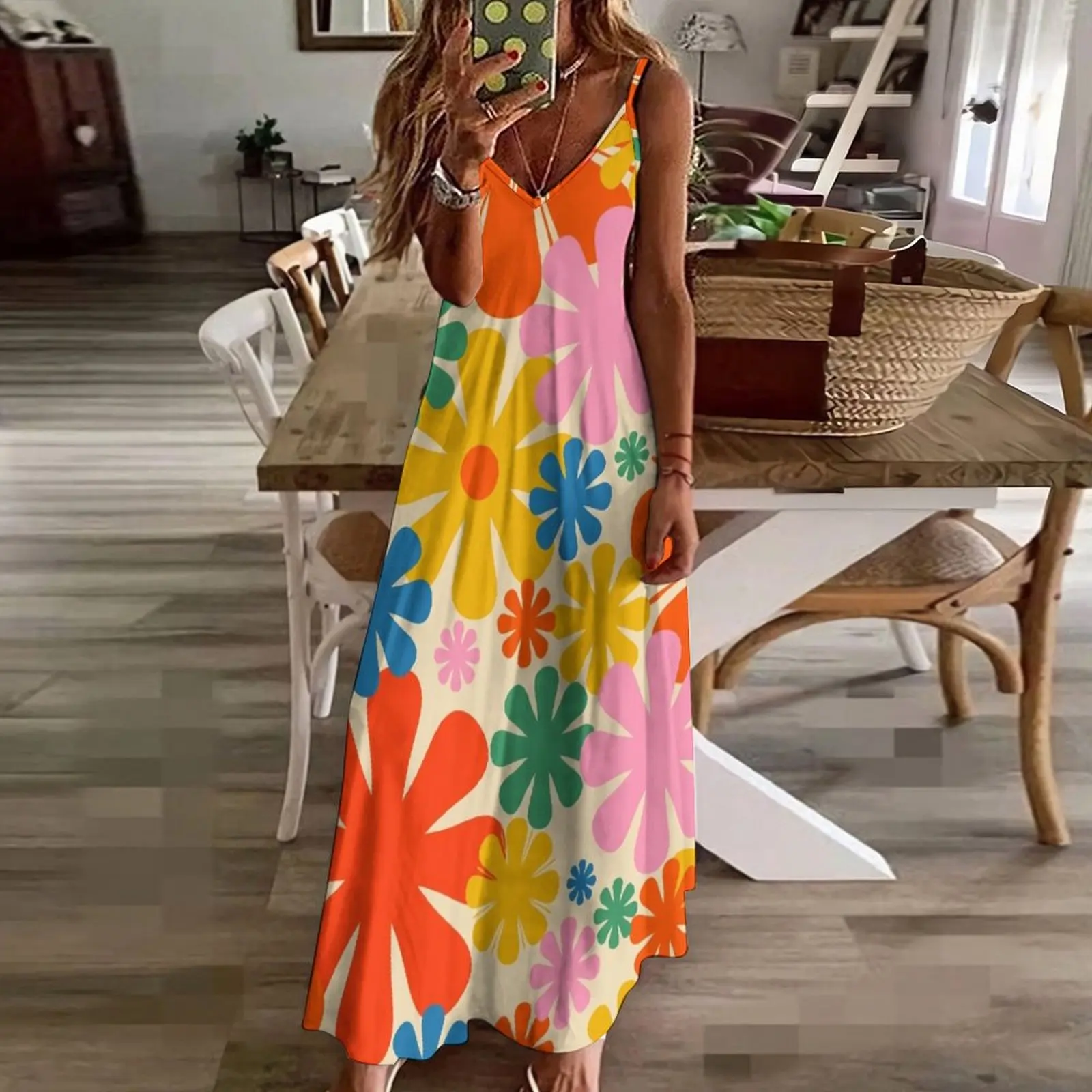 Retro 60s 70s Aesthetic Colorful Floral Pattern Sleeveless Long Dress Aesthetic clothing evening dress woman Dress