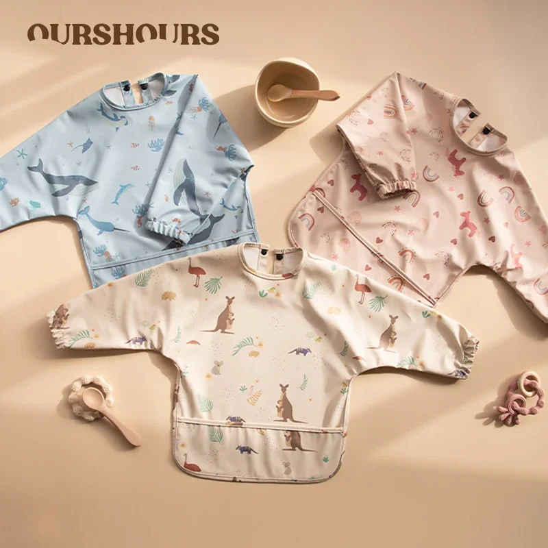 Infants Feeding Bib Long Sleeves Kids Aprons Waterproof with Pocket Babies Stuff Children Meal Eating Bibs for Baby Boy Girl