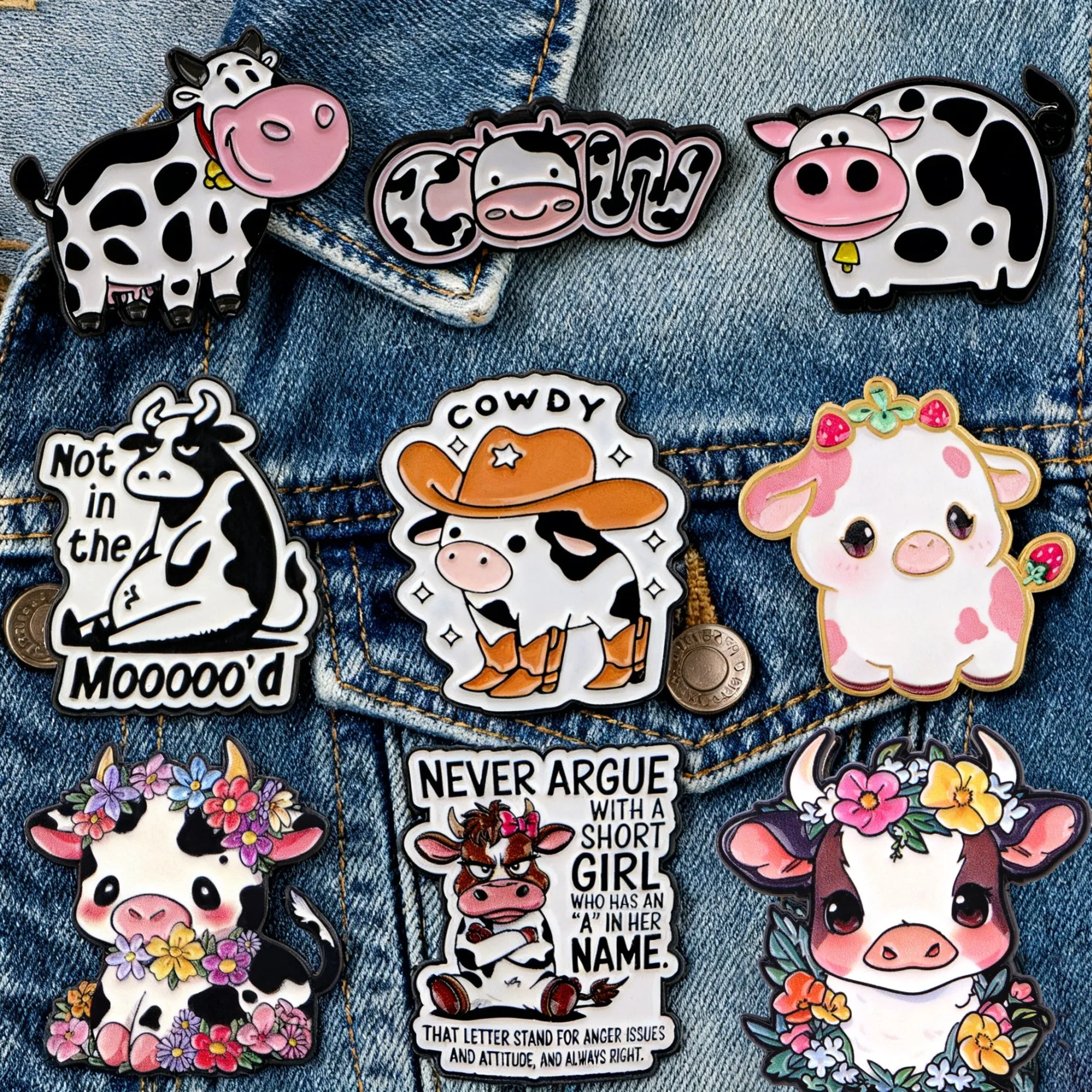 

Cute Cartoon Cow Enamel Pins Funny "Not in the Mooooo'd" Cowboy Cow Brooches Kawaii Badges for Backpacks Jackets Hats Gift