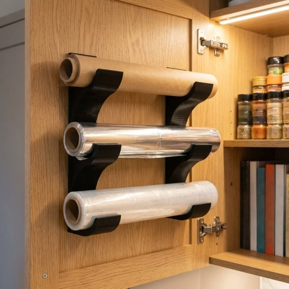 Supports pour emballages alimentaires en deux parties, capables de contenir 3 rouleaux de papier de cuisine, d'emballage alimentaire et de papier aluminium.