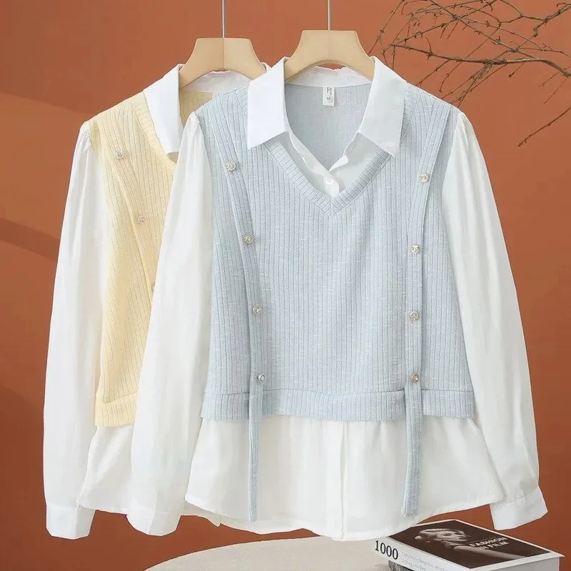 Autumn Women High end Splicing T-shirt Spring Female Long Sleeve Casual Tops Korean Ladies Fashion False Two-piece Loose Shirt