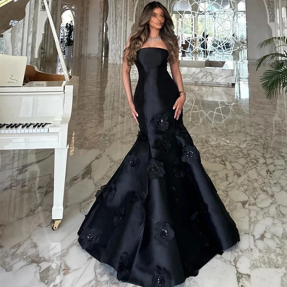 Elegant and Formal Black Mermaid Evening Dress 2024 Woman Handmade Flowers Sleeveless Prom Gowns Saudi Arabia Vestido De Festa