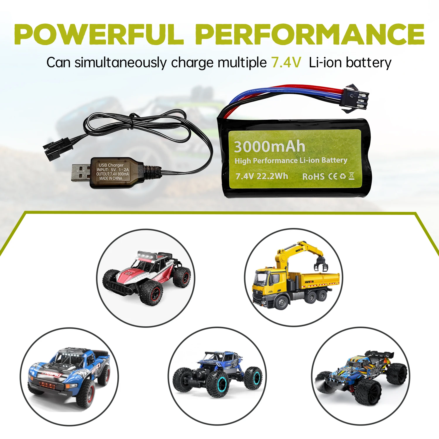 7.4V 3000mAh 15C 2S SM-3P Plug Li-ion Battery with USB Charger for DE43 DE60 9500E RC Cars,Huina 1575 RC Engineering Vehicle