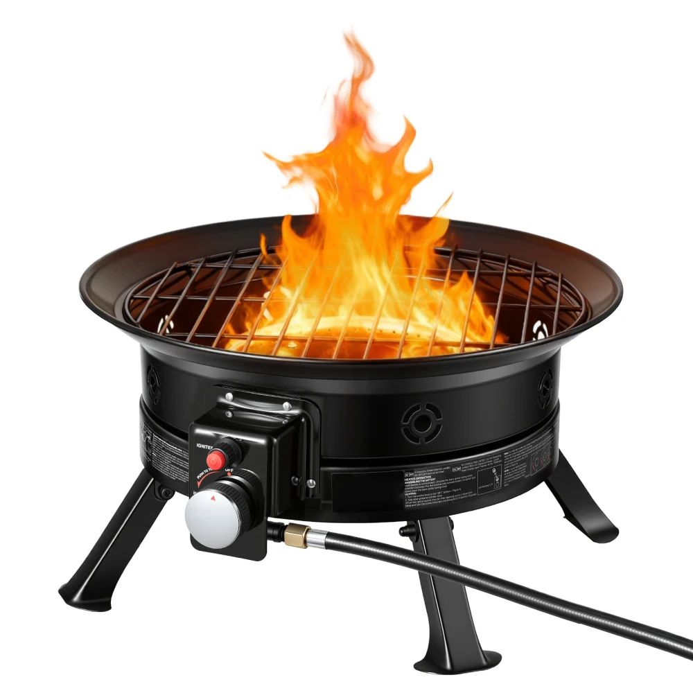 19 Inch Propane Fire Pit, Black Stainless Steel Portable Outdoor Firebowl with 53000 BTU Heat Output, Grill Grate, Lava Rocks, Adjustable Flame, Folding Legs, 21.26 by 21.26 by 9.84 Inch Size, 31.39 Pound Weight and Camping Patio Backyard Deck RV Use