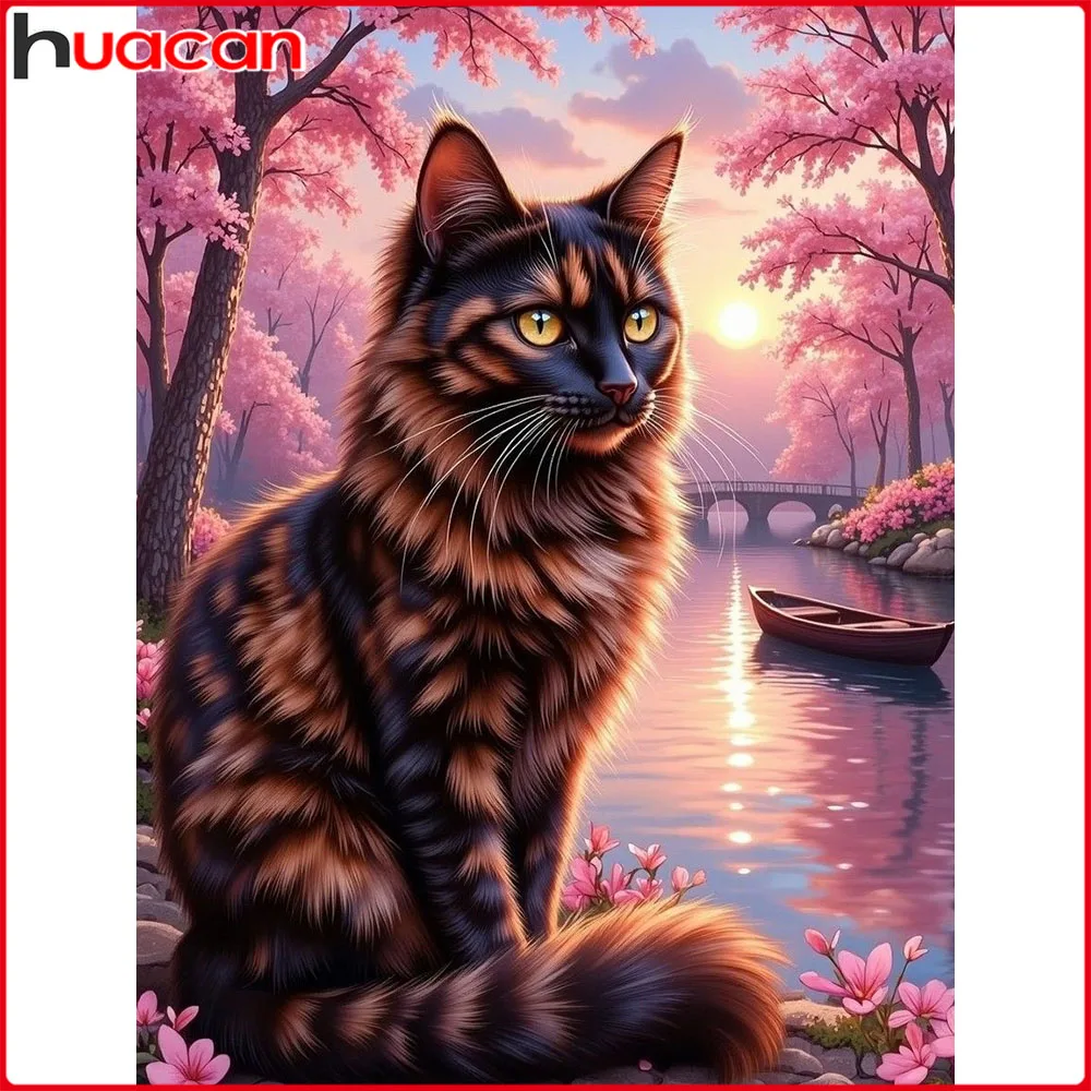 Huacan Diamantmalerei Katze bei Sonnenuntergang Diamant-Stickerei Tier-Landschaft Komplettes Set Handgemachtes Geschenk