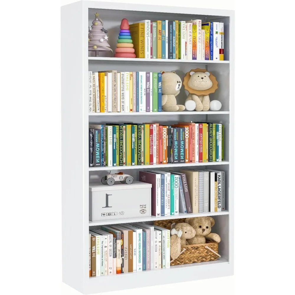 55 Inch Adjustable Height 5-Tier Metal Bookshelf with Anti-Tilt Feature, Modern Wide Book Storage