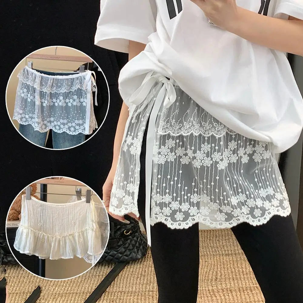 Lace Ruffled Gauze Skirt Y2K Streetwear Apron Skirt Lace Up Matching Pants Bandage Skirts One Piece Girls Stacked Wrap Skirt