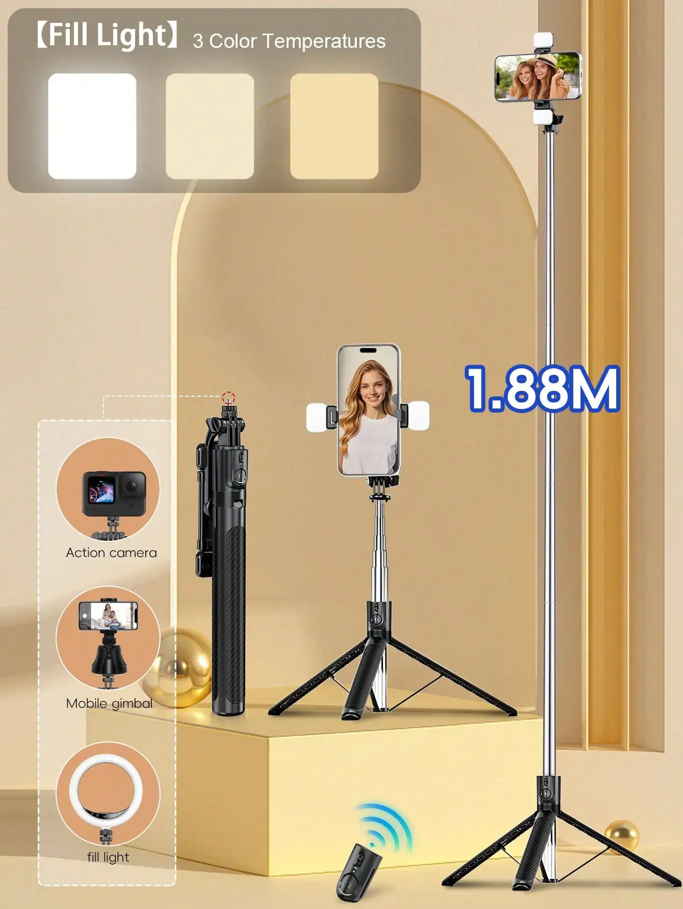 

Tangle Free Large Size Smartphone Photography Accessories 1.8M Bluetooth Wireless Selfie Stick Tripod With LED Fill Light, 360° Rotatable Stainless Steel Portable Phone Holder, Lightweight And Compact, Compatible With IPhone 16/15/14/13/12/11/Max/Pro/Xs/X