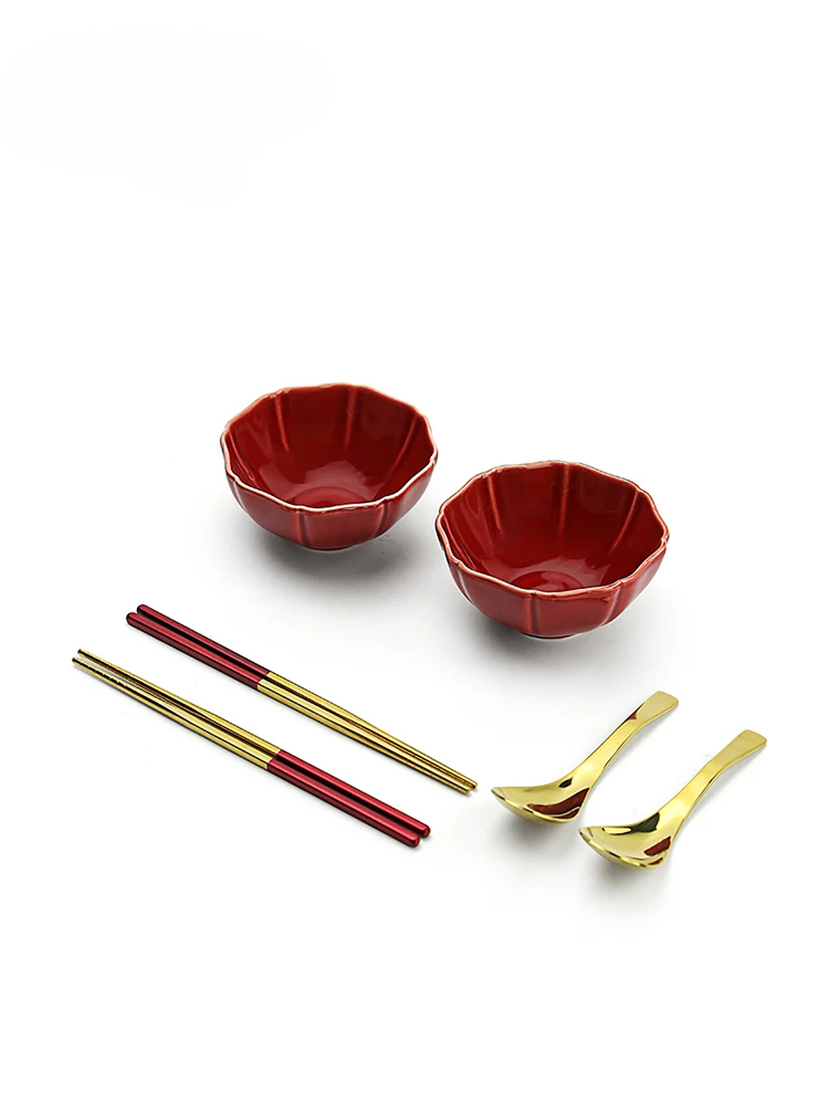 Tableware Ceramic Set Red Underglaze Irregular-Shaped Bowl Chopsticks Women's Wedding Creative 4.5-Inch 6-Piece Gift Simplicity