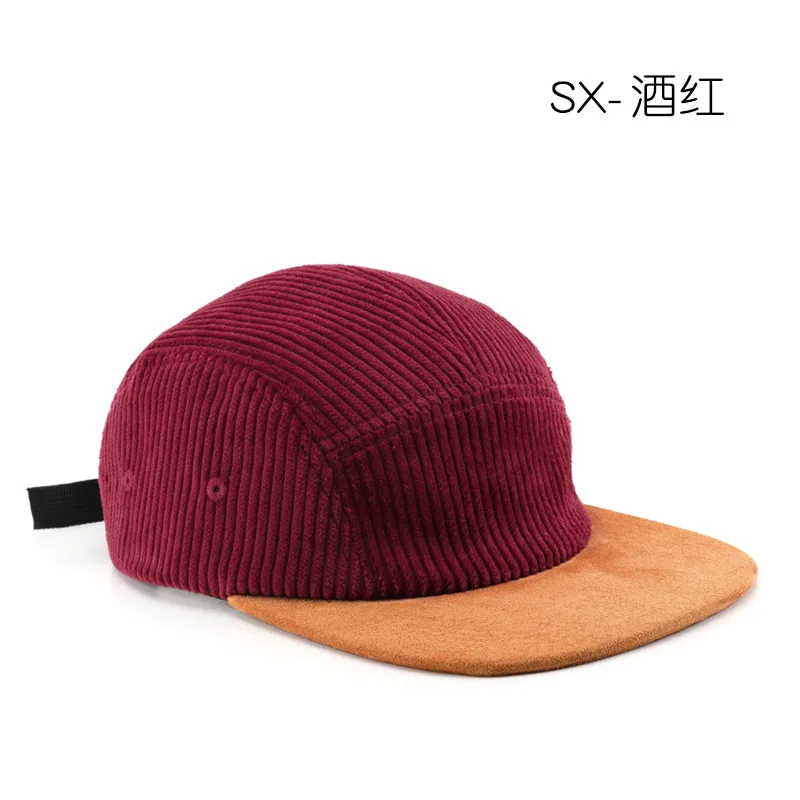 Custom Embroidered Logo Color-blocked Corduroy Five Panel Flat Brim Trucker Hat for Autumn and Winter Outdoor Warm Baseball Cap