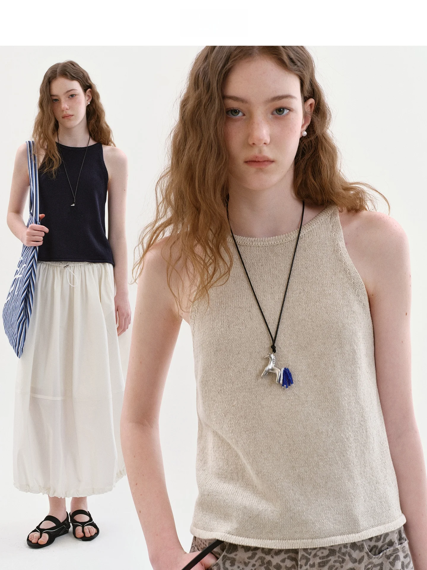 Fano Women's Knitted Linen Vest  Color Shoulder Hanging Summer New Style Simple Match round Neck Short Length Regular Fit