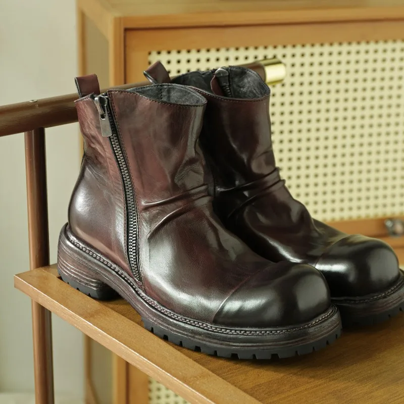 Męskie buty Chelsea w stylu retro z brytyjskiej skóry naturalnej, ręcznie robione, codzienne, motocyklowe, robocze, botki na grubej podeszwie, czarne, brązowe.