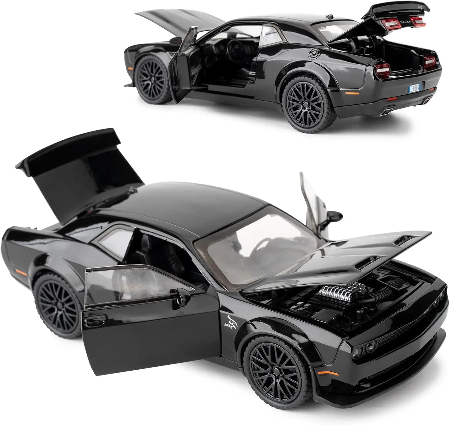 1/32 ダッジ チャレンジャー ヘルキャット モデルカー、亜鉛合金プルバック式おもちゃの車、サウンドとライト付き、子供、男の子、女の子へのギフト（ブラック）